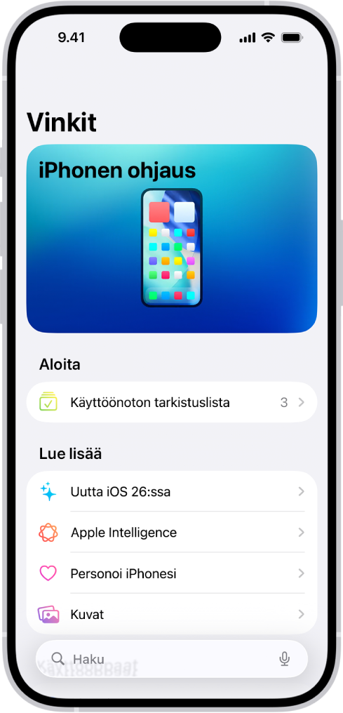 Näyttö, jossa näkyy vinkkikokoelma. Nuolet kertovat, että napauttamalla kokoelmaa voi näyttää sen sisältämät vinkit.