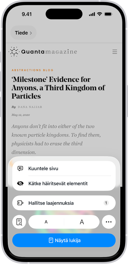 Safarissa on napautettu Sivuvalikko-painiketta verkkosivustolla, ja näytöllä näkyy vaihtoehtoja, kuten Kätke häiritsevät elementit.