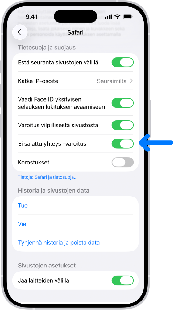 Ei salattu yhteys -varoituksen asetus, joka näkyy Asetusten kohdassa Tietosuoja ja suojaus.