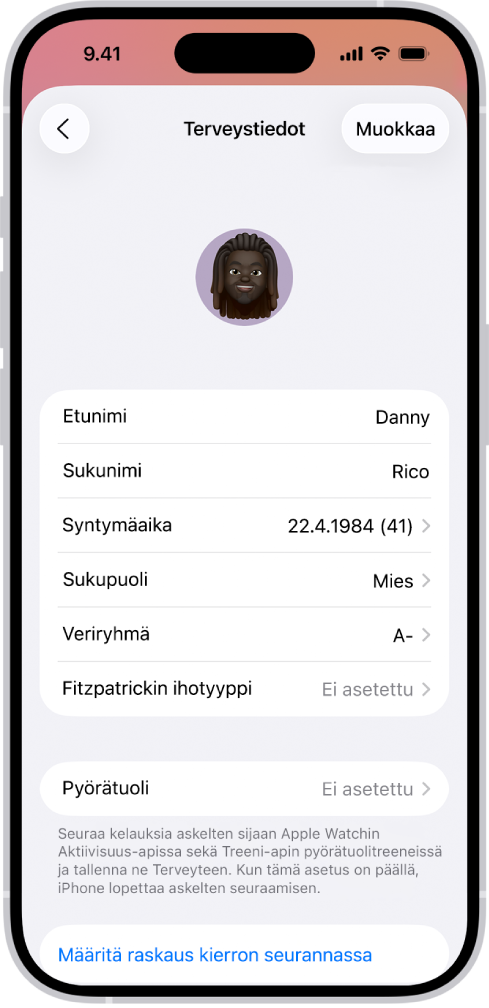 Terveystiedot-näyttö, jossa on nimen, syntymäpäivän ja veriryhmän kentät sekä muita tietoja.