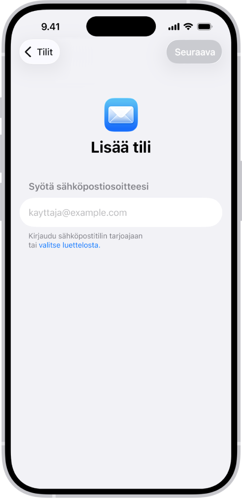 Lisää tili ‑näyttö, jossa on kenttä sähköpostiosoitteen kirjoittamista varten.