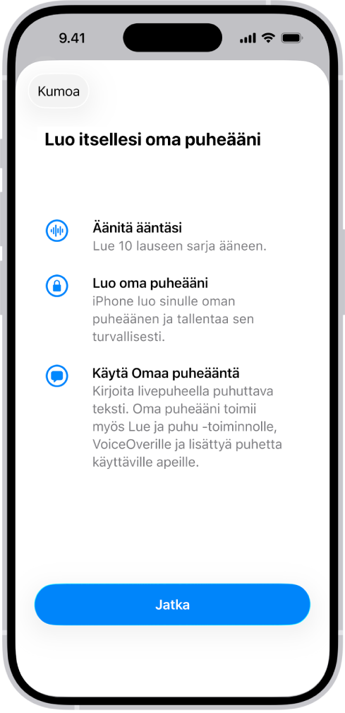 iPhone, jossa on tietoa oman puheäänen luomisesta.