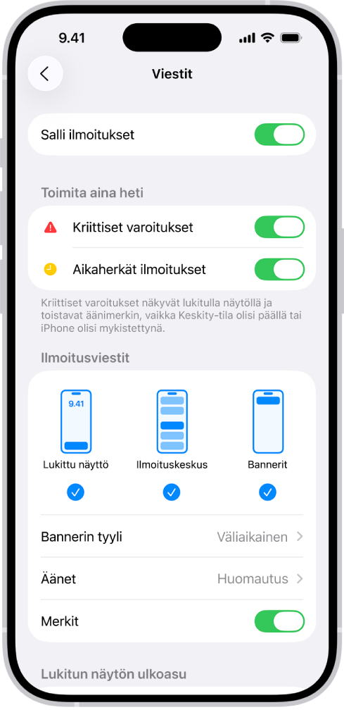 Viestit-apin ilmoitusasetukset Asetuksissa.