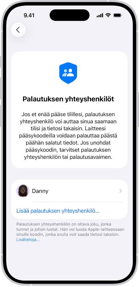 Lisää palautuksen yhteyshenkilö -näyttö.