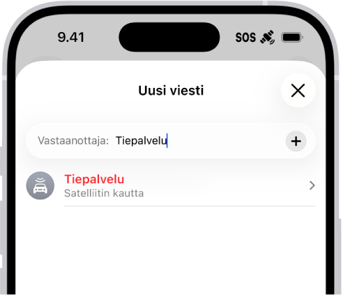 Tiepalveluille osoitettu uusi viesti. Alapuolella on linkki tiepalvelujen pyytämiseen satelliitin kautta.