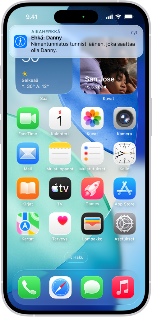 iPhonessa näkyy ilmoitus, jonka mukaan nimentunnistus tunnisti äänen, joka saattaa olla nimi.