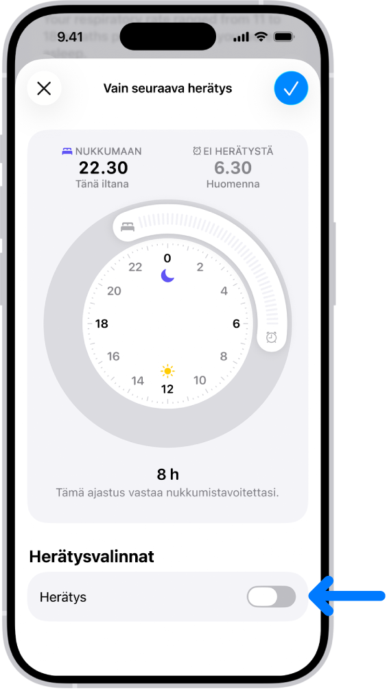 Terveys-apin vain seuraavan herätyksen näyttö, jossa hälytys on laitettu pois päältä alareunassa.