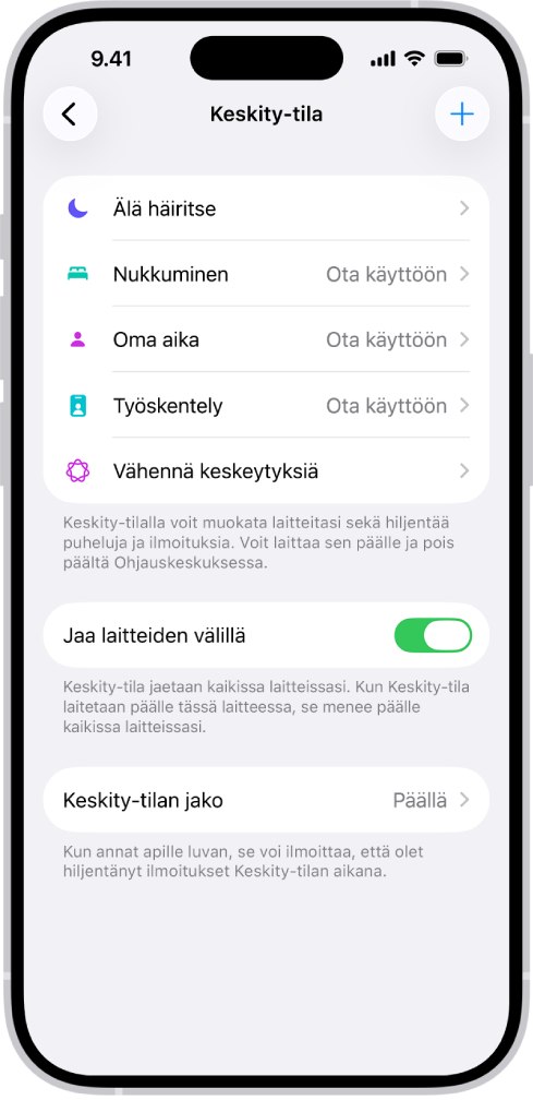Näyttö, jossa on viisi valmista Keskity-tilaa: Älä häiritse, Ei viestejä puhelujen aikana, Nukkuminen, Oma aika ja Työskentely. Jaa laitteiden välillä ‑vaihtoehto on päällä, joten kaikki Apple-laitteesi voivat käyttää samoja Keskity-tilan asetuksia.