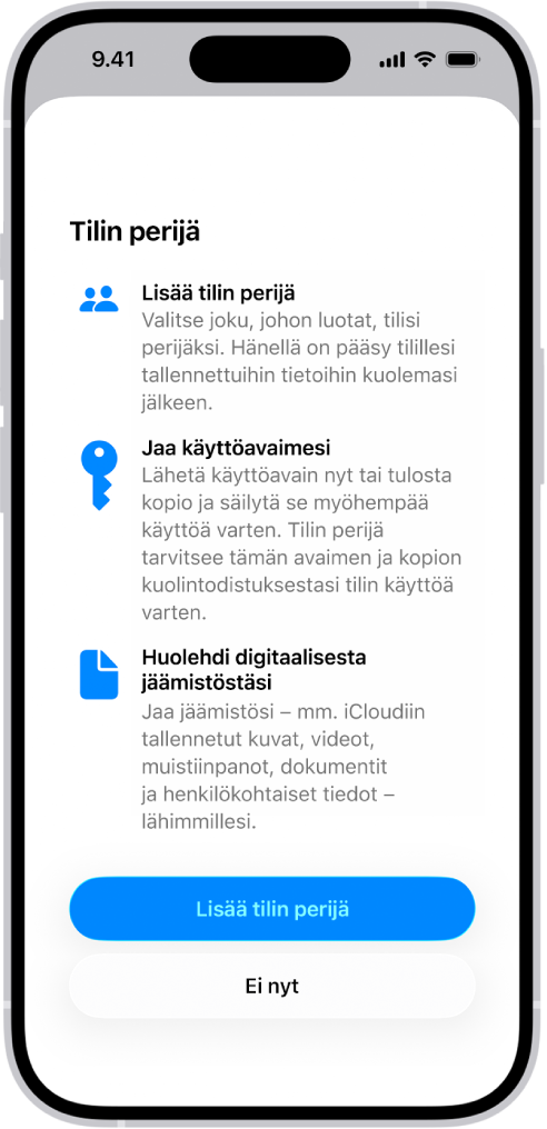 Lisää palautuksen yhteyshenkilö -näyttö, jossa näkyy ehdotettuja yhteyshenkilöitä palautuksen yhteyshenkilöiksi sekä mahdollisuus valita joku muu.