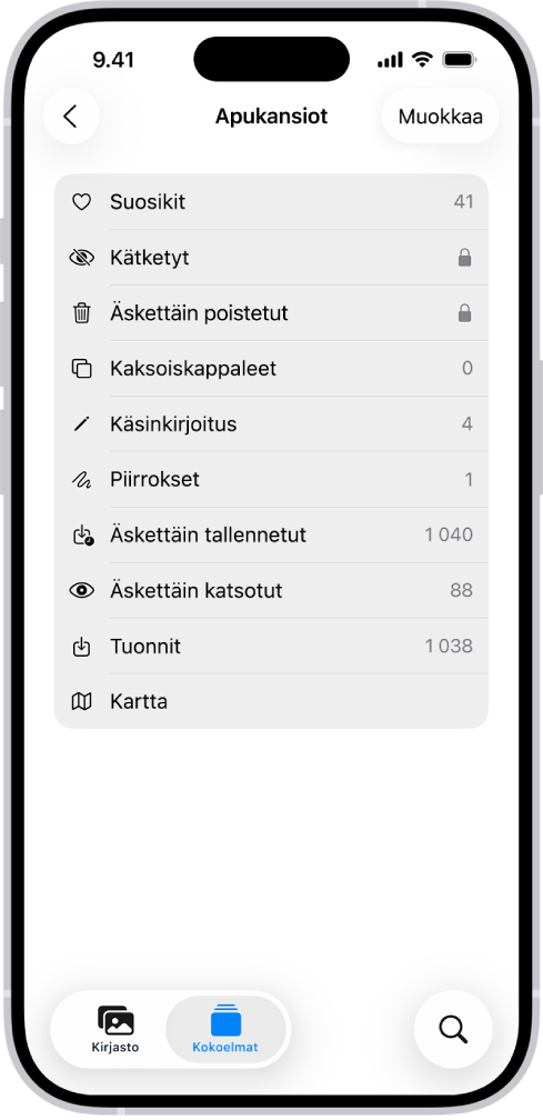 Kuvat-apin Apukansiot-kokoelma on avoinna ja siinä näkyy kuvakokoelmien luettelo.