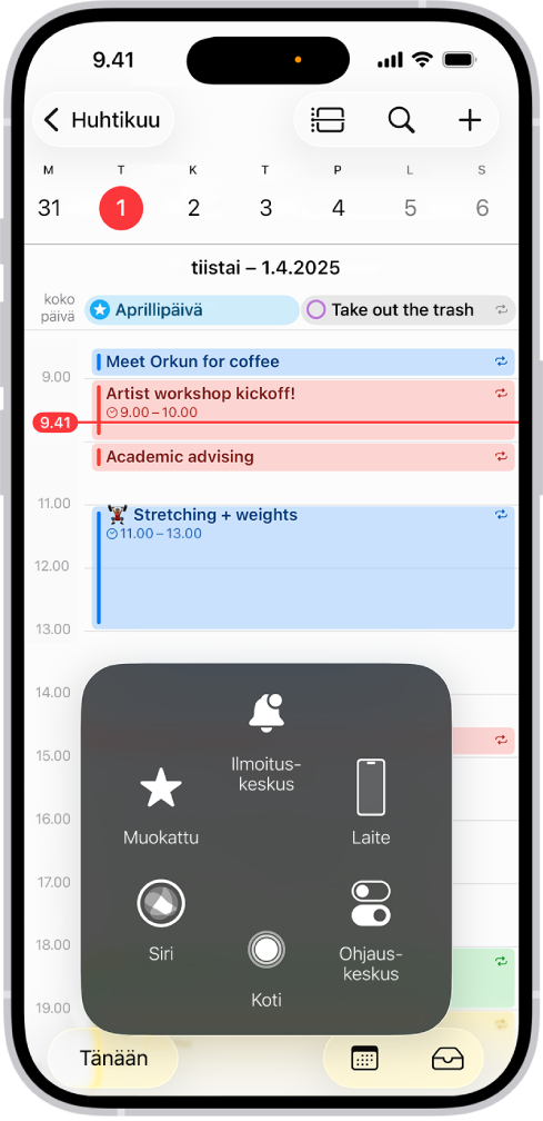 iPhone, jossa on esillä AssistiveTouch-valikon säätimet Ilmoituskeskus, Laite, Ohjauskeskus, Koti, Eleet ja Muokattu.