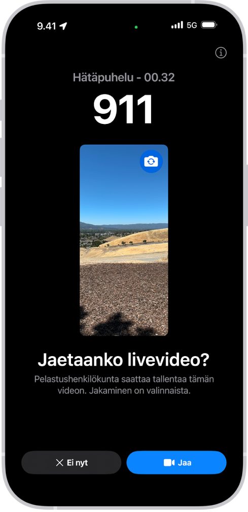 Hätätila SOS -toiminnon livevideonäyttö, jossa näkyy hätäpuhelu numeroon 112 ja videon esikatselu keskellä. Ei nyt- ja Jaa video -painikkeet näkyvät alhaalla.