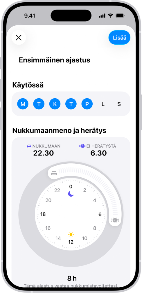 Terveyden ensimmäisen ajastuksen asettamisen näyttö, jossa näkyy Käytössä-osio sekä nukkumaanmenon ja herätyksen kello.