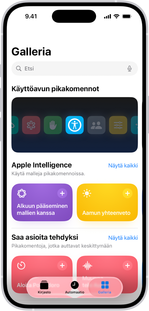 Gallerianäyttö Pikakomennot-apissa, yläreunassa on hakukenttä. Alapuolella on kolme galleriaa: Käyttöapuoikotiet, Hommat pakettiin ja Nopeat oikotiet. Näytöllä alimpana ovat Pikakomennot-, Automaatio- ja Galleria-välilehdet. Valittuna on Galleria.