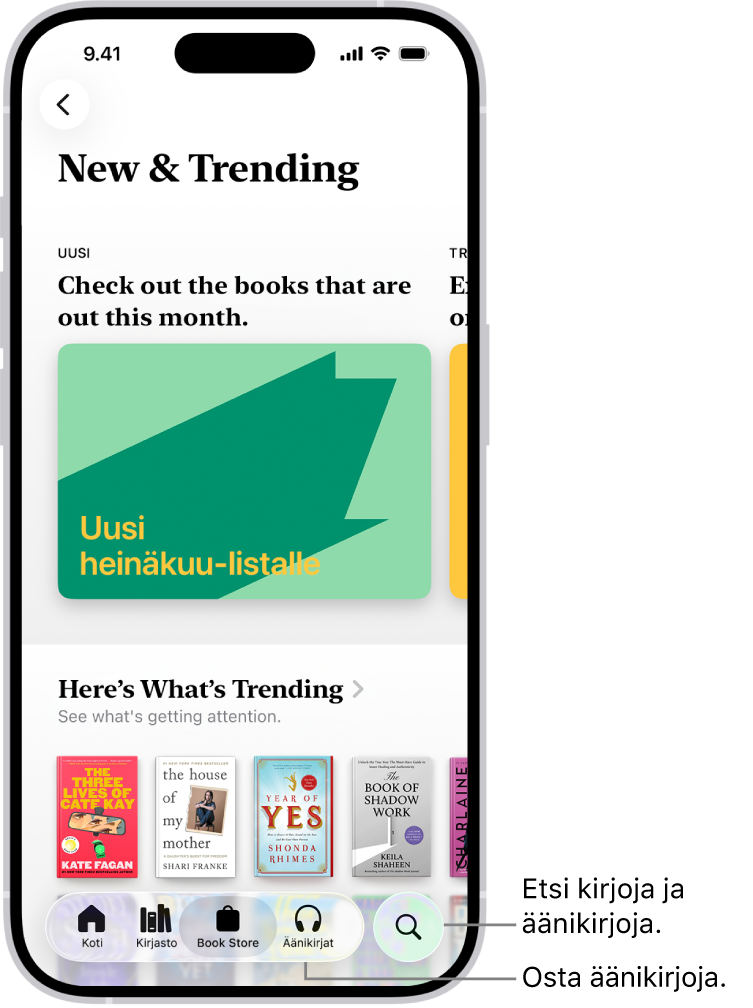Book Store -välilehti Kirjat-apissa. Näytön alareunassa vasemmalta oikealle ovat seuraavat välilehdet: Koti, Kirjasto, Book Store, Äänikirjat ja Haku. Valittuna on Book Store -välilehti.