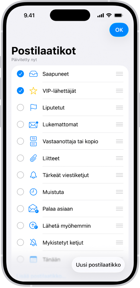Sähköpostilaatikoiden muokkausnäyttö. Valinnaiset postilaatikot on lueteltu ylhäältä alas, ja jokaisen vaihtoehdon vasemmalla puolella on valintaruutu. Näytön oikeassa alakulmassa on painike, jossa lukee Uusi postilaatikko.