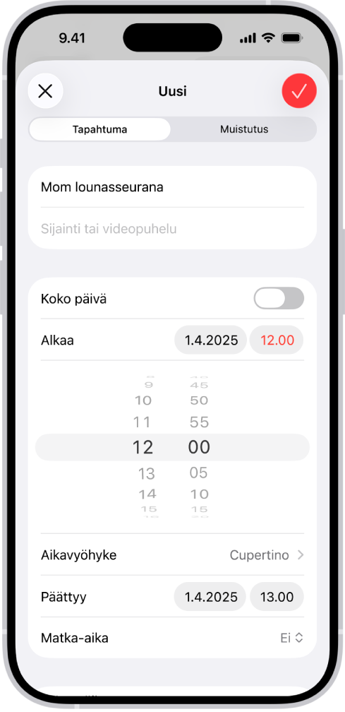Kalenteritapahtuma, jossa näytetään tapahtuman aika- ja aikavyöhykeasetukset.