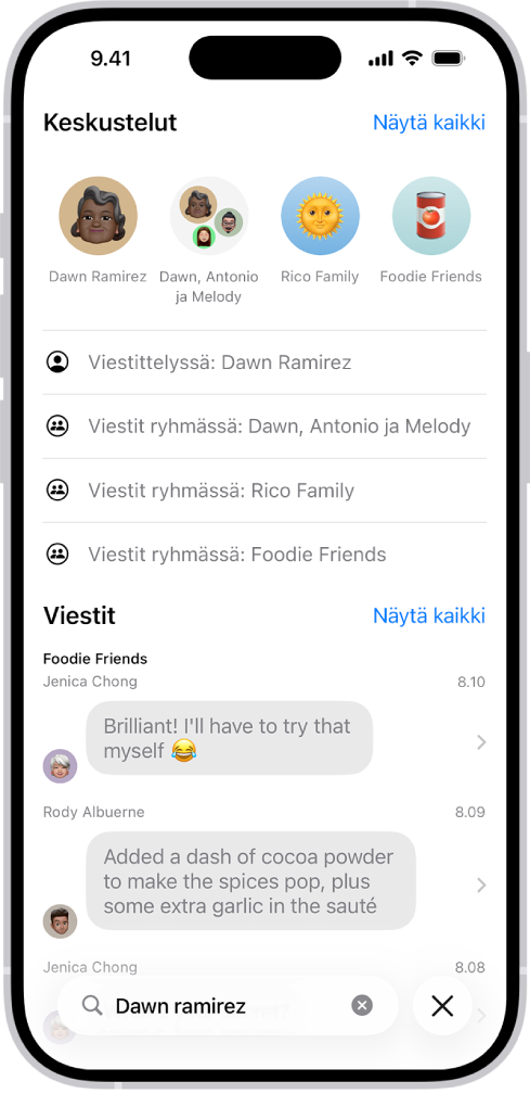 Viestit-apin hakukenttä näkyy näytön alareunassa. Hakukenttä sisältää henkilön nimen, ja sen yläpuolella näkyy useita haun kanssa täsmääviä vaihtoehtoja.