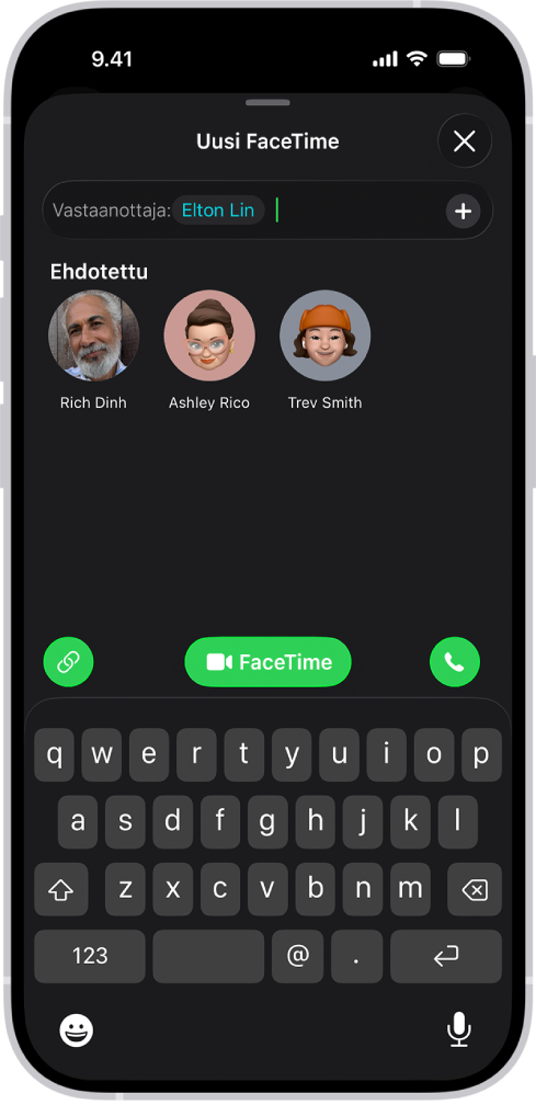 FaceTime-puhelun aloitusnäyttö, jossa näkyvät Luo linkki ‑painike ja Uusi puhelu ‑painike FaceTime-videopuhelun tai ‑äänipuhelun aloittamista varten.