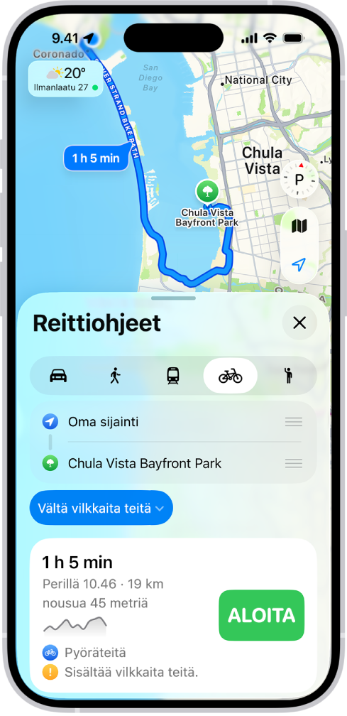 Kartta, jossa näkyy pyöräilyreittivaihtoehdot. Alhaalla oleva reittikortti näyttää lisätietoja, kuten arvioidut matka-ajat, korkeuserojen muutokset ja tietyypit. Tietojen oikealla puolella on Aloita-painike.