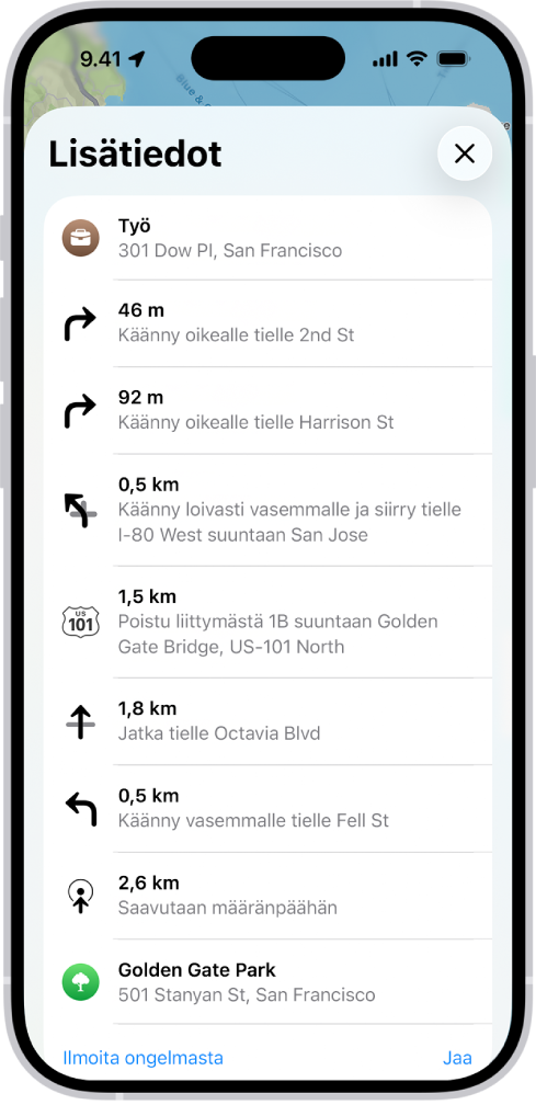 Reittiohjeet näytettynä vaiheittaisena luettelona.