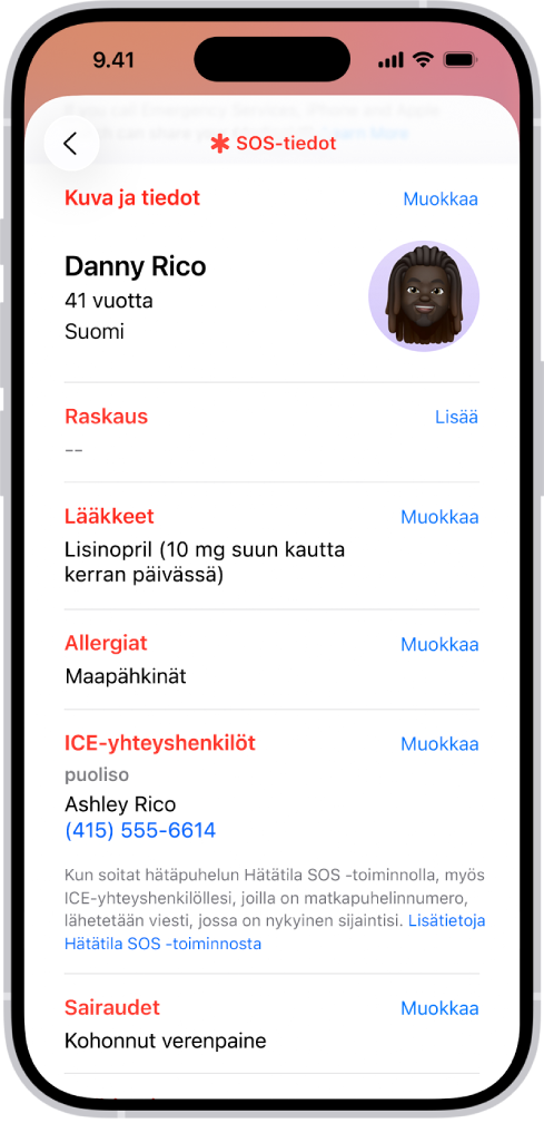 SOS-tietojen näyttö, jossa kerrotaan muun muassa syntymäaika, lääkitykset, allergiat, ICE-yhteyshenkilöt ja sairaudet.