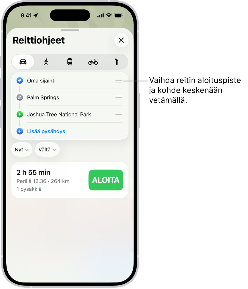 Kartta useilla eri reittivaihtoehdoilla Oman sijainnin ja kohdesijainnin välillä.