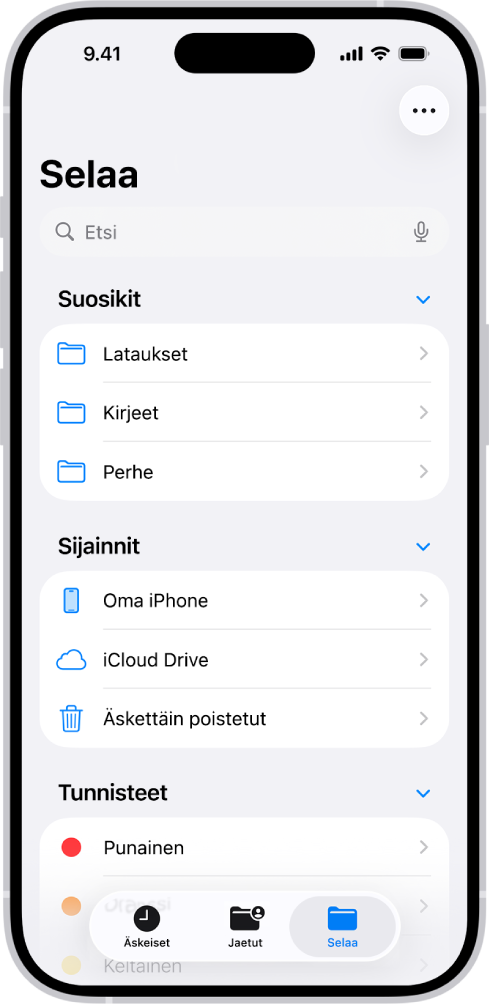 Tiedostot-appi, jossa näkyy useita kansioita ja sijainteja, joiden nimiä ovat muun muassa Lataukset, Kirjeet ja Perhe. Näytön alareunassa on Äskeiset tiedostot- ja Jaetut tiedostot -painikkeet sekä Selaa-välilehti.