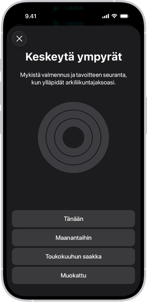 Kuntoilu-apin Keskeytä ympyrät -näyttö, jossa näkyvät vaihtoehdot aktiivisuusympyröiden keskeyttämiseksi.