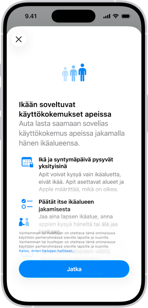 Ikään soveltuvat käyttökokemukset apeissa Asetukset-apin Apit-näytössä. Näytössä kerrotaan, kuinka voit auttaa lapsia saamaan ikään soveltuvia käyttökokemuksia jakamalla lapsen ikäalueen.