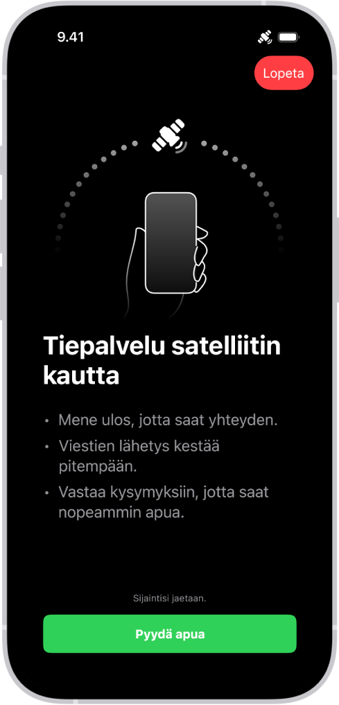 Tiepalvelut satelliitin kautta ‑näyttö. Avun pyytämispainike on näytön alareunassa.