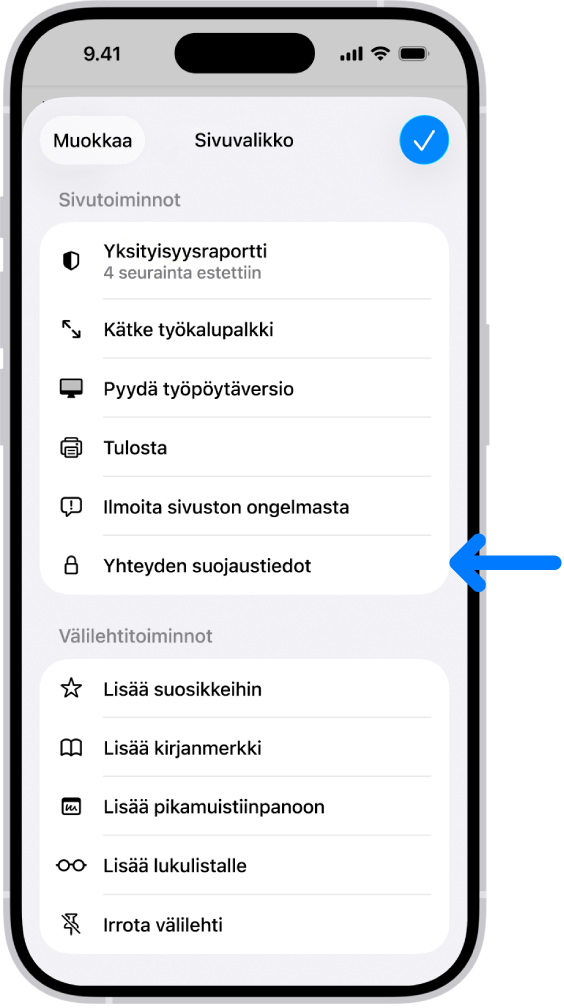 Sivuvalikko on avoinna Safarissa, ja Yhteyden suojaustiedot ‑säädin näkyy sivun puolessavälissä.
