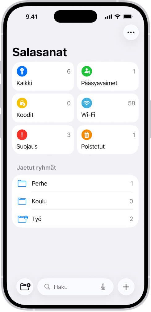 Salasanat-apin Koti-valikko, jossa on Kaikki-, Pääsykoodit-, Vahvistuskoodit-, Wi-Fi-, Suojaus- ja Poistetut-painikkeet sekä jaettujen ryhmien luettelo.