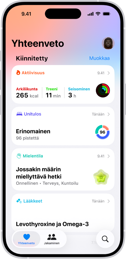 Terveys-apin Yhteenveto-näyttö. Tietoa aktiivisuudesta, unituloksesta, mielentilasta ja lääkkeistä näytetään kohdassa Kiinnitetyt.