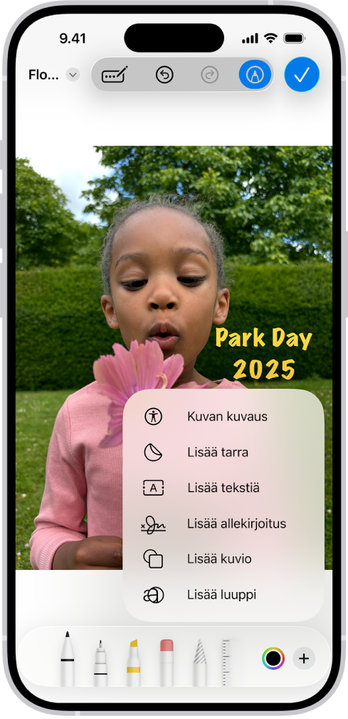 Liite-PDF:ssä on emojin tarra Mail-apissa. Merkintä-työkalut ovat verkkosivun alapuolella.