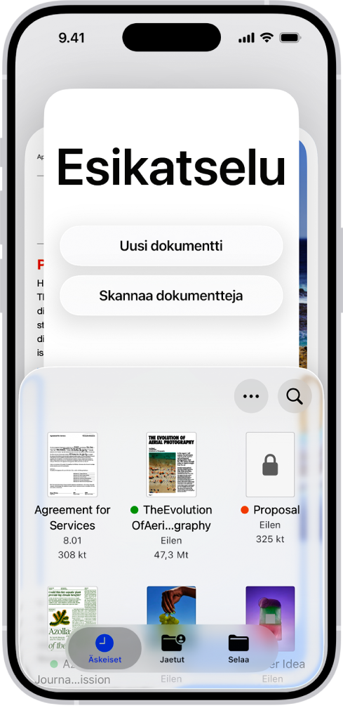 Dokumenttiselain Esikatselu-apissa. Näytön keskellä näkyvät Uusi tiedosto-, Skannaa dokumentteja-, Lisää‑ ja Haku-painikkeet. Näytön alareunassa ovat Äskeiset-, Jaetut‑ ja Selaa-painikkeet.