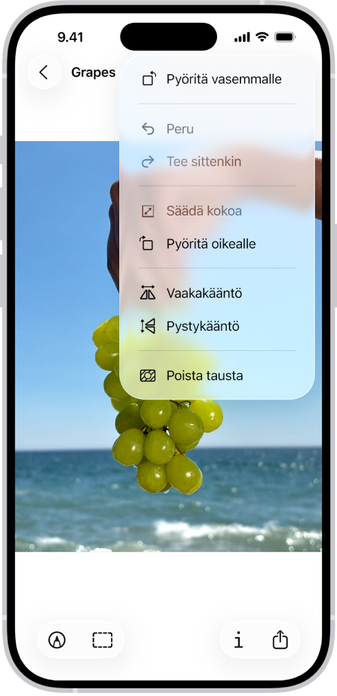 Näytössä näkyy kuva, jossa on rypäleitä etualalla. Valikossa näkyy Poista tausta -vaihtoehto. Näytön alareunassa ovat Merkintä-, Rajaa-, Tiedot- ja Jaa-painikkeet.
