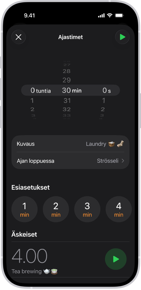 Ajastimen lisäysnäyttö, jossa on asetukset ajastimen asettamiseen ja painike, josta luotu ajastin voidaan käynnistää.