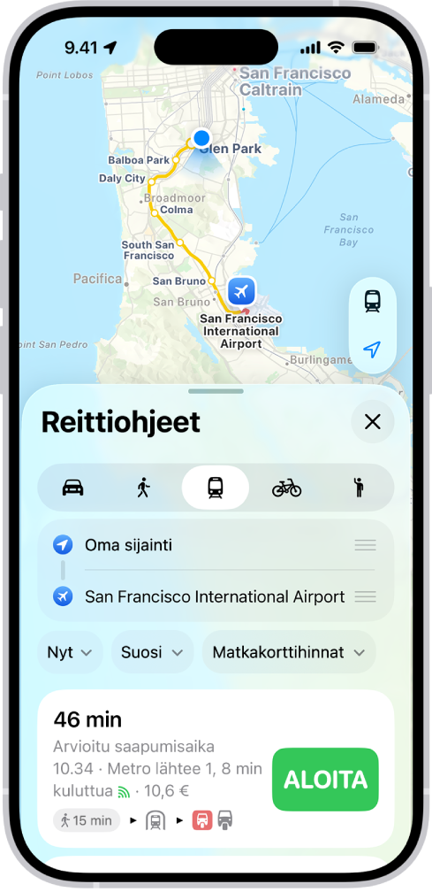Kartta, jossa näkyy julkisen liikenteen reitti. Alhaalla oleva reittikortti näyttää reitin tiedot, kuten arvioidun matka-ajan ja kokonaiskustannukset. Tietojen oikealla puolella on Aloita-painike.