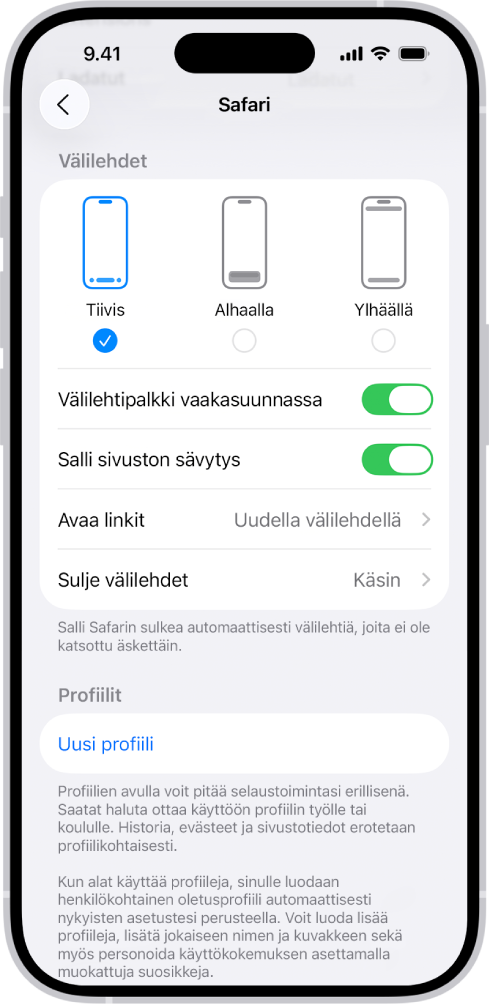 Näyttö, jossa näkyy kolme Safarin asetteluvaihtoehtoa: Tiivis, Alhaalla ja Ylhäällä.