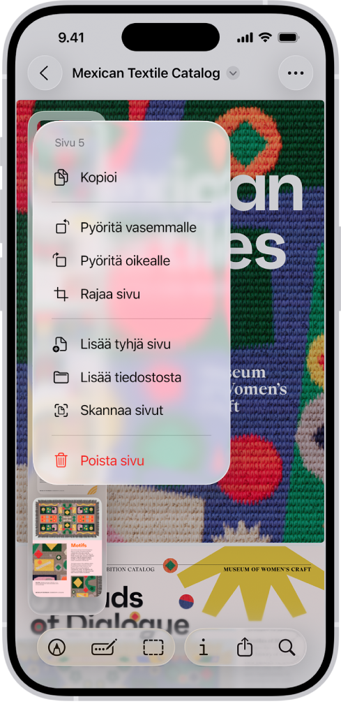 PDF-katalogi, jossa näkyvät miniatyyrit vasemmalla puolella. Viimeinen miniatyyri on korostettu, ja sen yläpuolella on valikko, jossa näkyvät Kopioi-, Pyöritä vasemmalle-, Pyöritä oikealle-, Rajaa sivu-, Lisää tyhjä sivu-, Lisää tiedostosta-, Skannaa sivut- ja Poista sivu -vaihtoehdot.