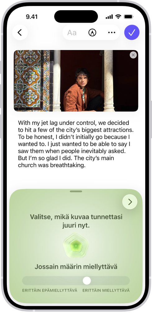 Päiväkirja-apin näytössä näkyy merkintä, jonka alaosassa olevaan osioon voit kirjata mielialasi.