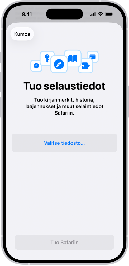Tuo selaustiedot ‑näytöllä kehotetaan valitsemaan tuotava tiedosto.