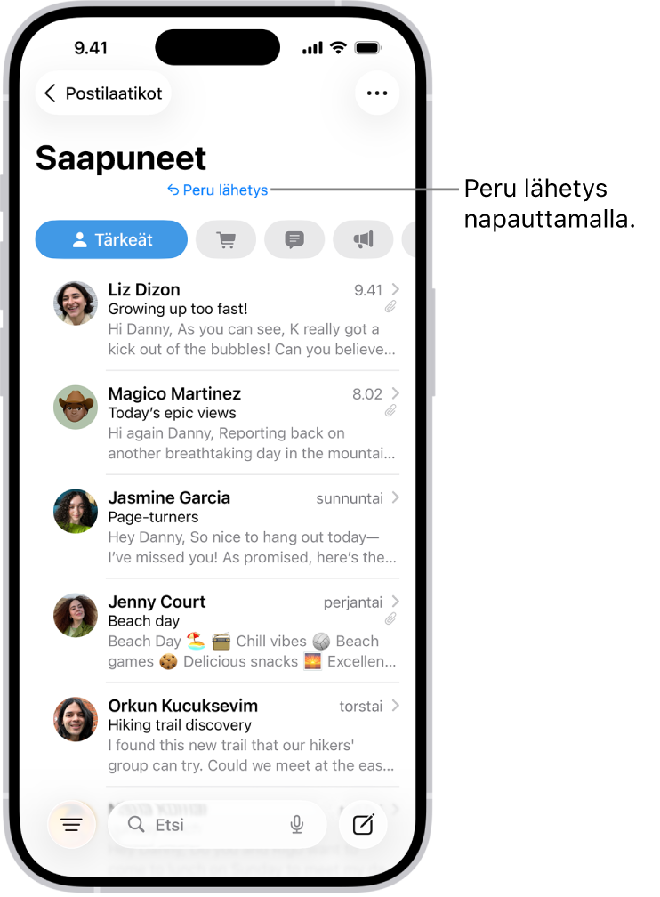 Saapuneet-näkymä, jossa näkyy viestiluettelo. Keskellä näytön alareunaa on Peru lähetys -painike (jolla voidaan perua äskettäin lähetetty viesti).