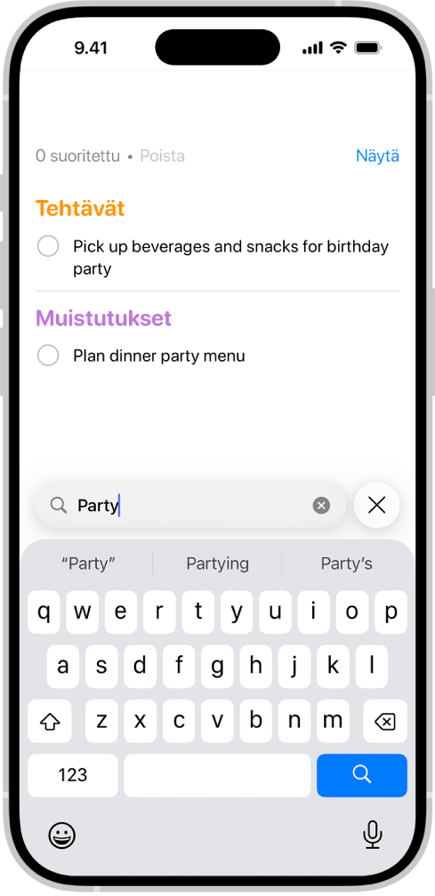 Muistutukset-apin hakutuloksissa näkyy tehtäviä, jotka sisältävät sanan ”party”.