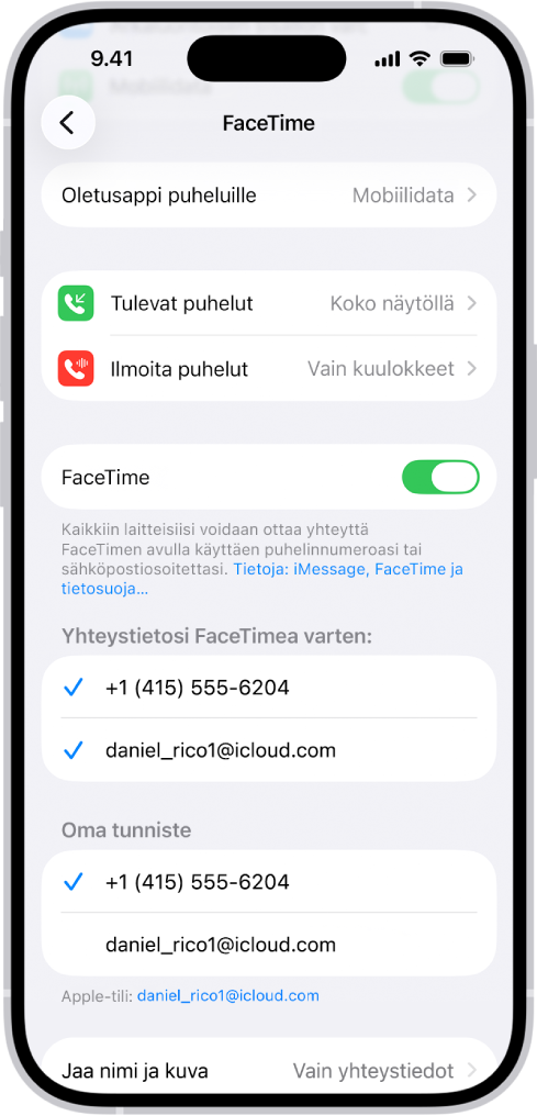 FaceTime-asetusnäytöllä näkyy Oletusappi puheluille ‑vaihtoehto, säädin FaceTimen laittamiseen päälle tai pois sekä puhelinnumero ja sähköpostiosoite, joilla sinut voidaan tavoittaa.