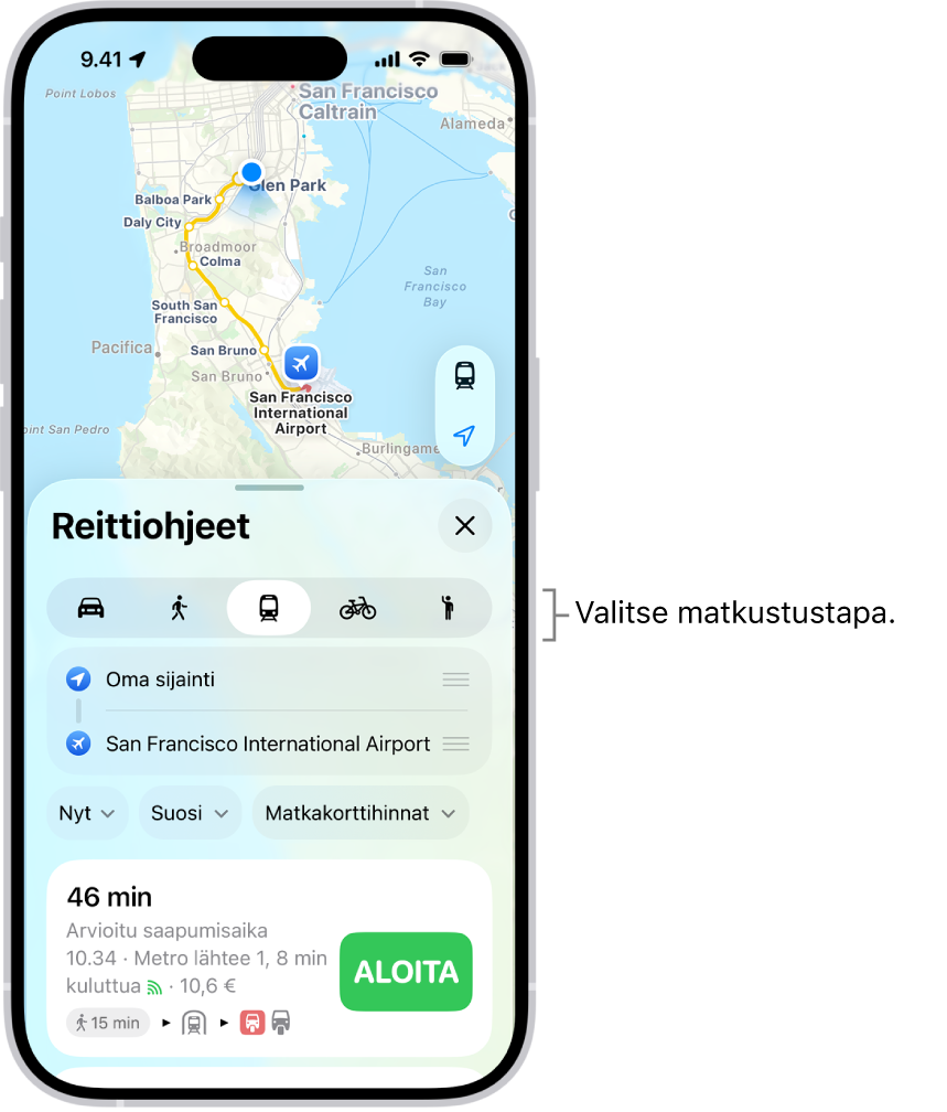 Kartta, jossa näkyy useita reittivalintoja kahden sijainnin välillä sekä painikkeet matkustustapojen välillä vaihtamiseen, alkupisteen ja määränpään vaihtamiseen toisinpäin sekä ohjeiden näyttämiseen vaiheina.