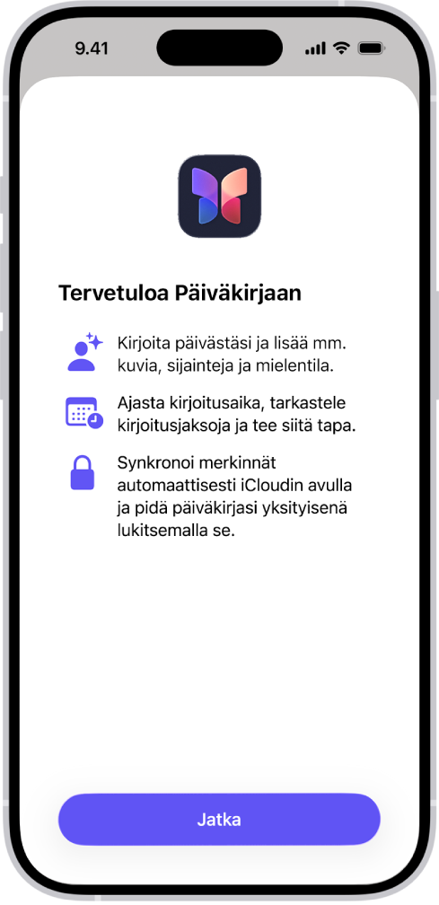 Päiväkirja-apin tervetulonäkymä.