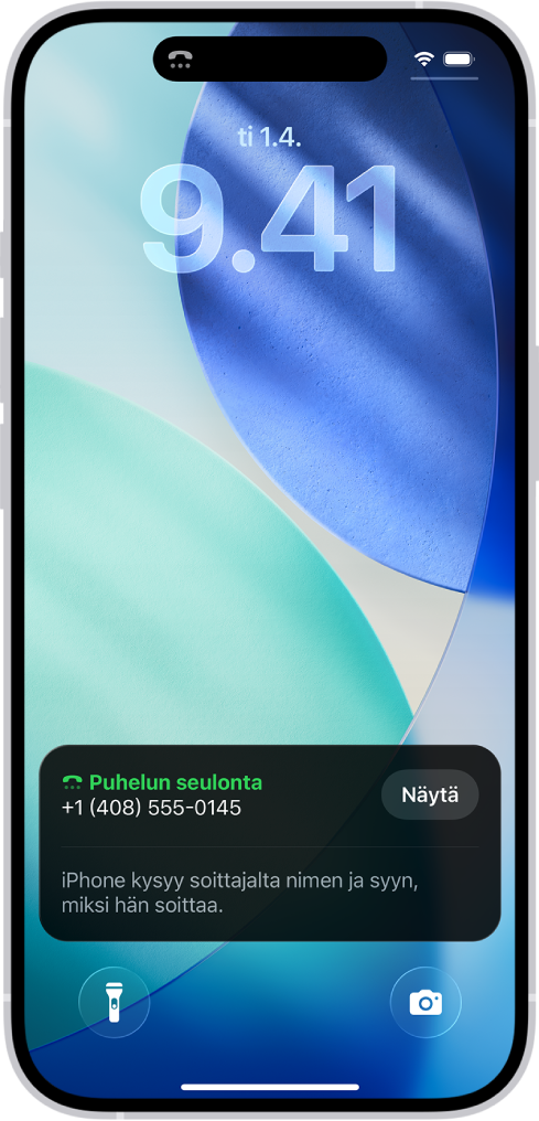 iPhone, jossa näkyy puhelujen seulonnan ilmoitus lukitulla näytöllä. Ilmoituksessa kerrotaan, että iPhone kysyy soittajalta nimen ja syyn, miksi hän soittaa.