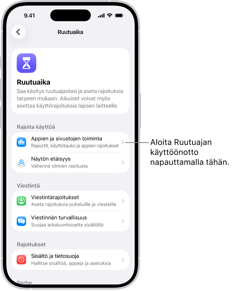 Näyttö Ruutuajan käyttöönottoon. Siinä näkyy Appien ja sivustojen toiminta -painike, jota napauttamalla aloitat käytön.